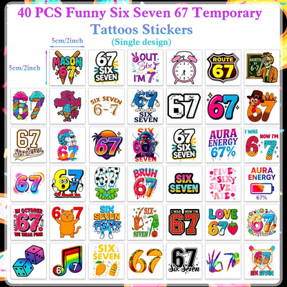 Konsait 40 Pcs Single Sheet Six Seven 67 Temporary Tattoos 67 Decorations Tattoos Stickers Party Supplies for 6 7 Party Favors and 6 7 Birthday Decorations