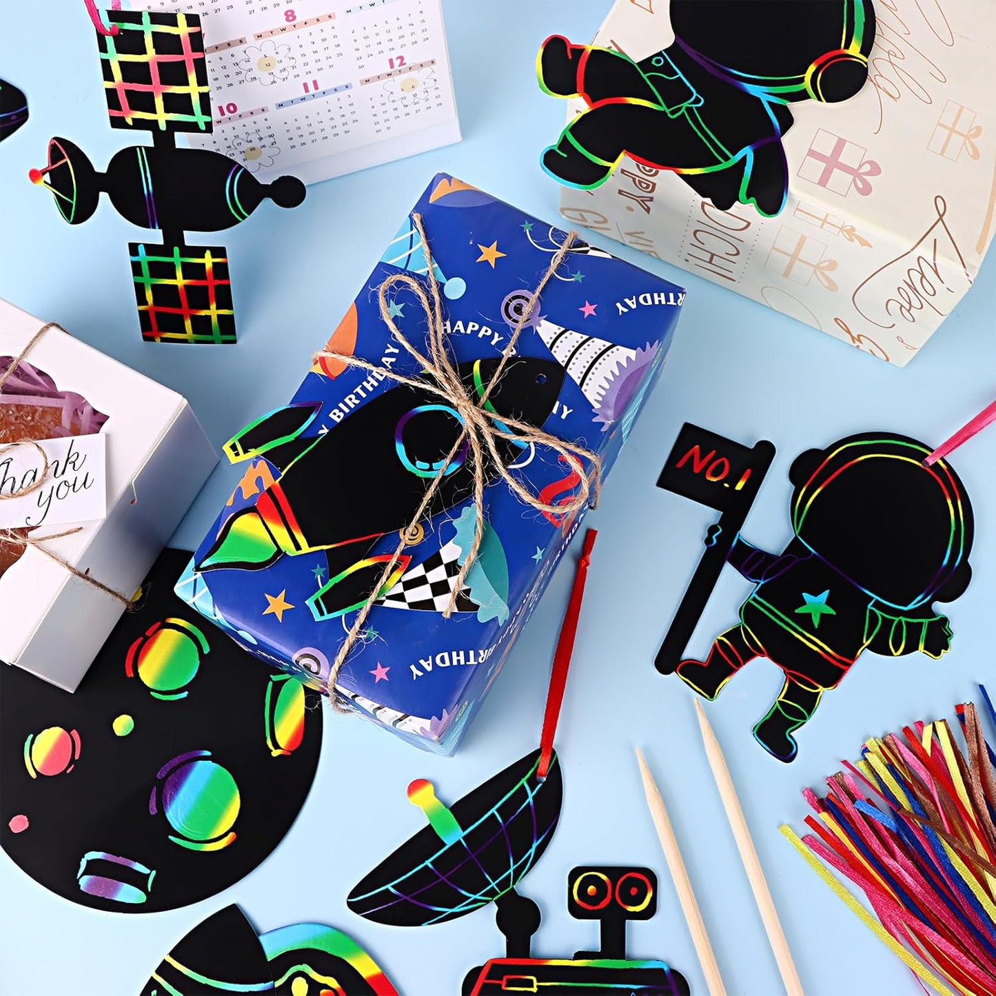 64 Set Space Theme Scratch Paper Rainbow Outer Space Scratch Cards DIY Rocket Scratch Paper Craft Art Cards Kits with Wood Stylus Ribbon for Home School Decor Christmas Birthday Space Party Favors