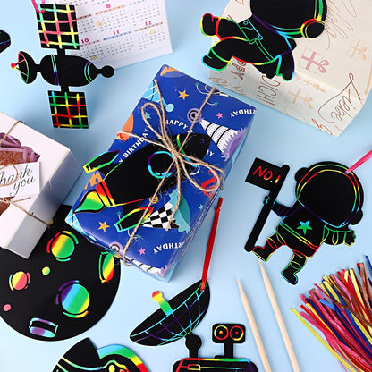 64 Set Space Theme Scratch Paper Rainbow Outer Space Scratch Cards DIY Rocket Scratch Paper Craft Art Cards Kits with Wood Stylus Ribbon for Home School Decor Christmas Birthday Space Party Favors