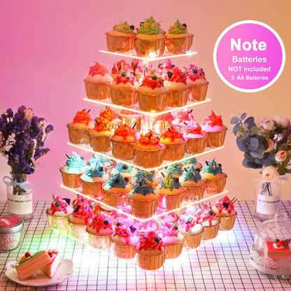 YestBuy Cupcake Stand with Yellow Led Lights, 4 Tier Cupcake Stand for 50 Cupcakes, Acrylic Cupcake Tower Stand, Clear Tiered Cupcake Holder for Birthday Cady Bar Décor Weddings, Parties Events