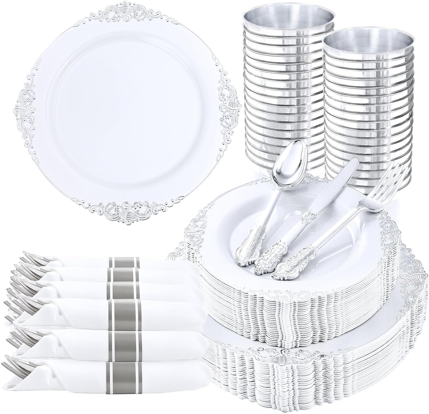 Nervure 350PCS Gold Plastic Plates - Gold Plastic Dinnerware Sets for 50 Guests - 100 Disposable Plates, 150 Silverware, 50 Cups, 50 Napkins for Wedding & Party & Mothers Day