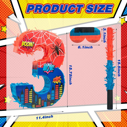 Number 4 Spider Pinata Bundle with 16 Inch Piñata Stick Blindfold Confetti for Hero Birthday Party Decoration Anniversary Celebration Gift Spider Party Favors for Kids, 16 x 11.6 x 2.4 Inch