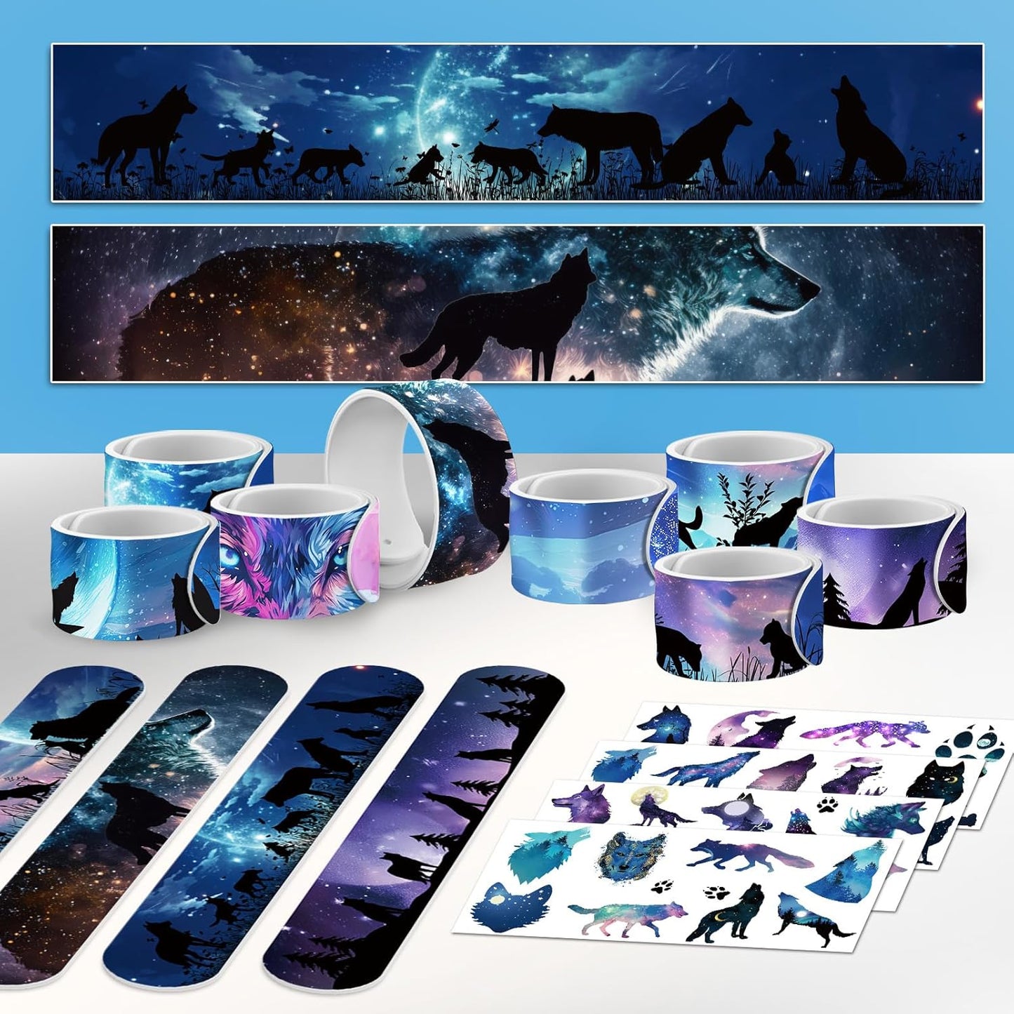 Wolf Party Favors Supplies, 32PCS Slap Bracelets 8PCS Temporary Tattoos Sticker, Wolf and Moon Birthday Party Baby Shower Decorations for Kids