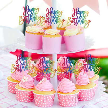 24 PCS Happy Birthday Cupcake Toppers Glitter Picks for Celebrating Anniversary Theme Party Cake Decorations Supplies Gold