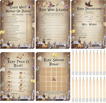 Yinder 145 Pcs Baby Shower Games Activities Cards with 20 Pencils Includes Baby Bingo Description and Wishes Guess Who Price is Right Word Scramble Game(Here Comes the Son)