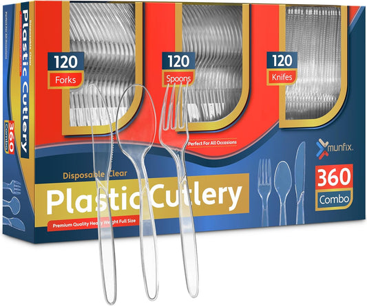 360 Count Plastic Silverware Set, 120 Clear Forks, 120 Spoons, 120 Knives, Heavy Duty BPA Free Disposable Plastic Cutlery Set, Premium Clear Plasticware for Party Supplies