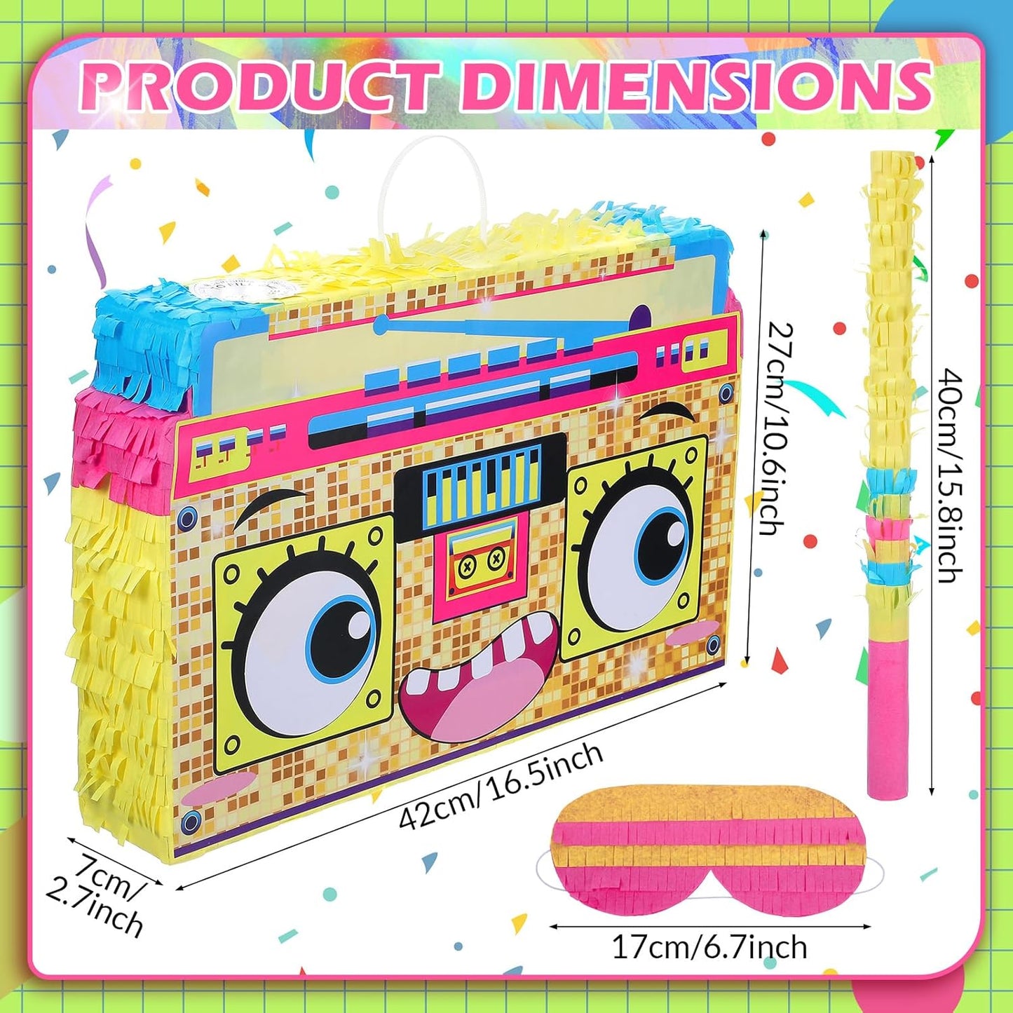 Rock and Roll Skeleton Piñata with Headphones Design Blindfold Hitting Stick Confetti for Music Themed Birthday Party (15.56 x 13.19 x 2.76 inch)