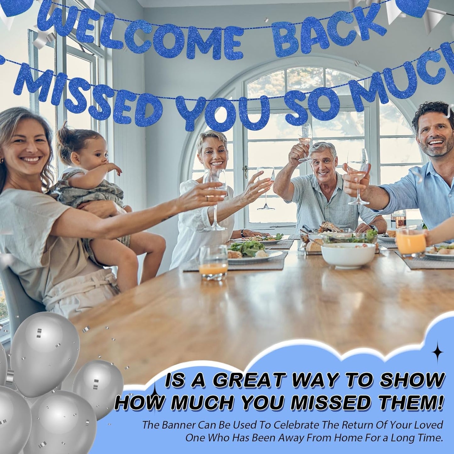 Fulmoon Pre Strung Welcome Back We Missed You So Much Banner, NO DIY, Glitter Welcome Home Celebration Decorations Family Gathering, Back to School, Military Homecoming Decoration(Dark Blue)