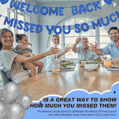 Fulmoon Pre Strung Welcome Back We Missed You So Much Banner, NO DIY, Glitter Welcome Home Celebration Decorations Family Gathering, Back to School, Military Homecoming Decoration(Dark Blue)