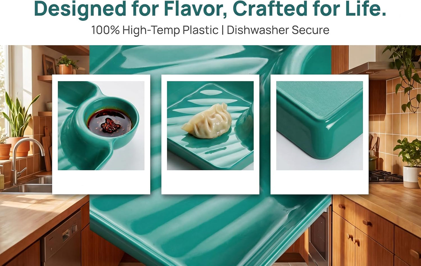 8-Pack 4-Color Chip and Dip Plates with Sauce Compartment, Reusable PP Plastic Divided Serving Trays, Stackable for Appetizer Salsa Dumpling Sushi, Dishwasher Safe