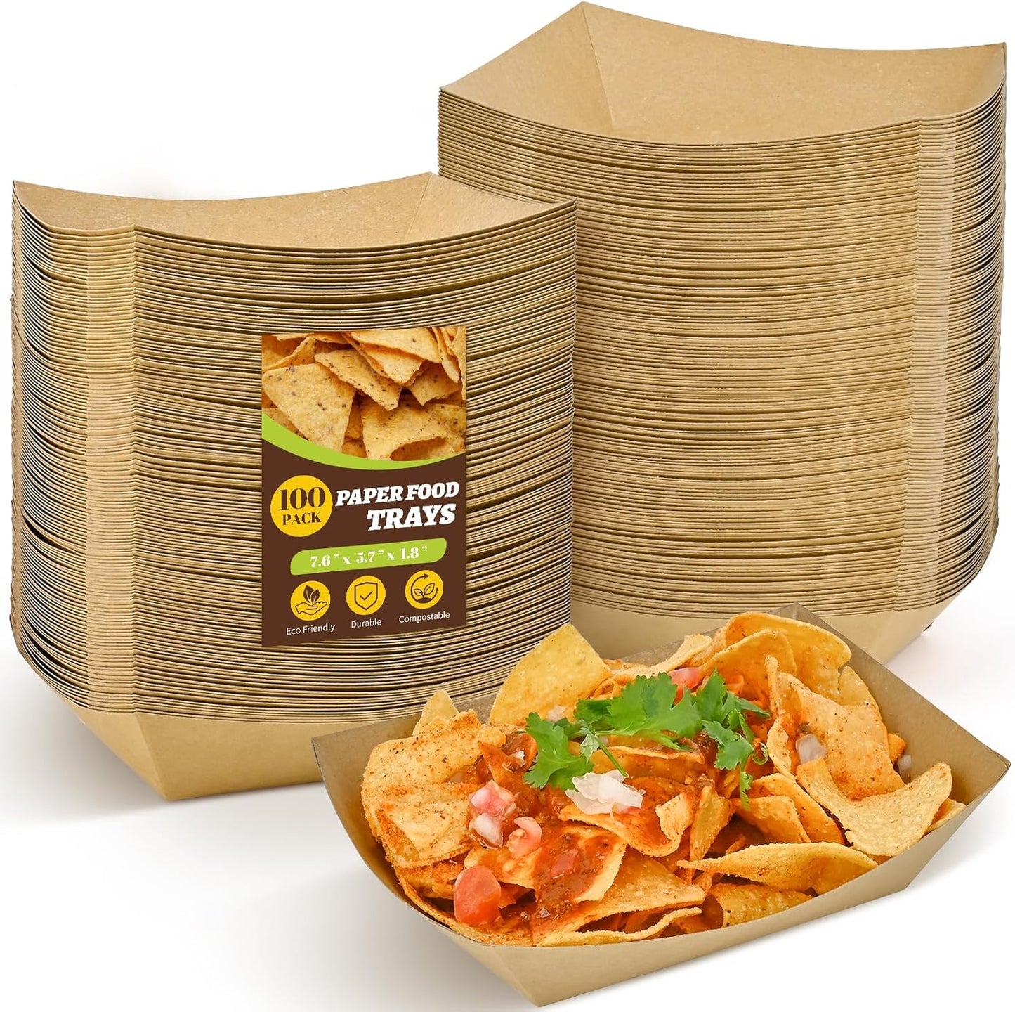 Ocmoiy 1lb Paper Food Trays, 100 Pack Heavy Duty Kraft Food Boats Holders Disposable Serving Basket Trays for Nachos, Fries, BBQ, Festivals, Party