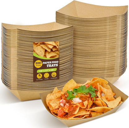 Ocmoiy 1lb Paper Food Trays, 100 Pack Heavy Duty Kraft Food Boats Holders Disposable Serving Basket Trays for Nachos, Fries, BBQ, Festivals, Party