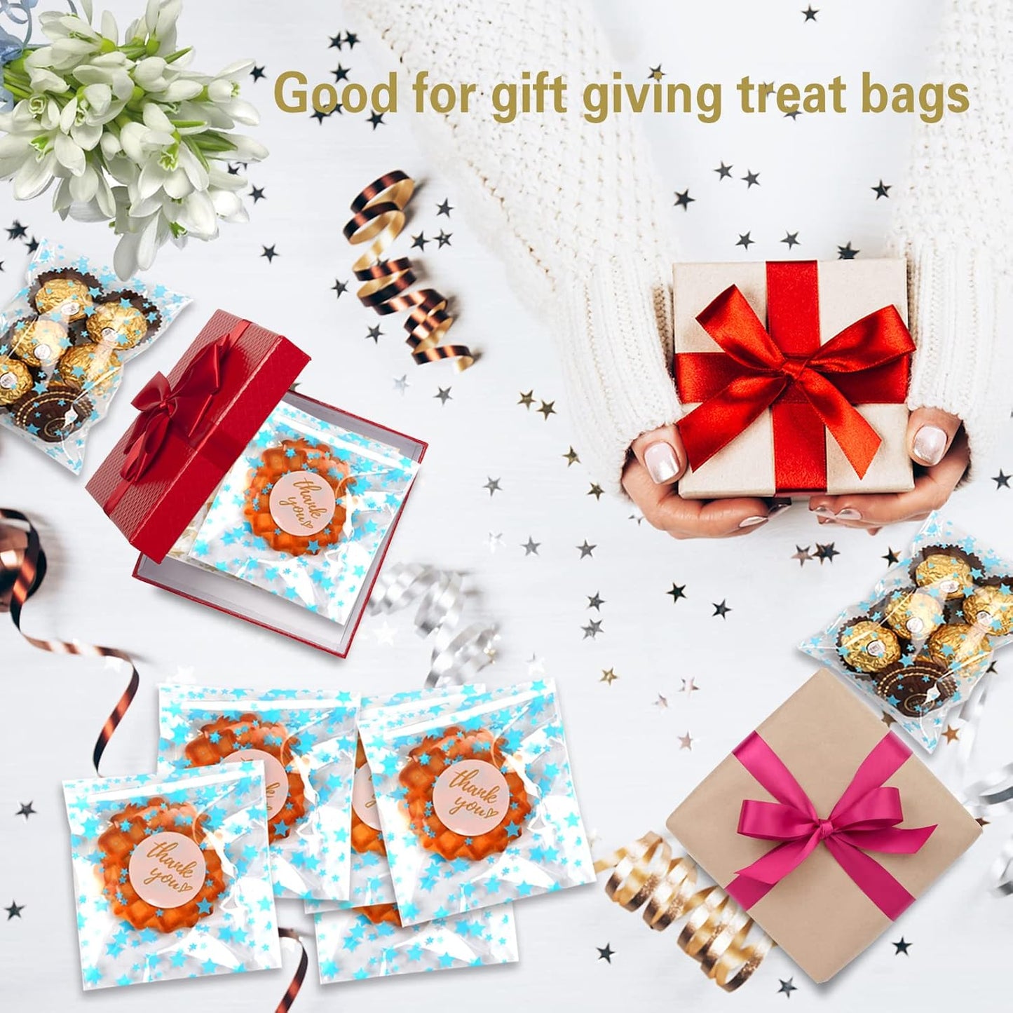 100 Pcs Star Printed 5"X 7" Gift Wrap Cello Cellophane Treat Bags Party Favor bags Clear Candy Cookie Bag Plastic Poly Goodie Storage Bag with Twist Ties for Bakery,Birthday, Wedding ,Party Decorations (Gold)