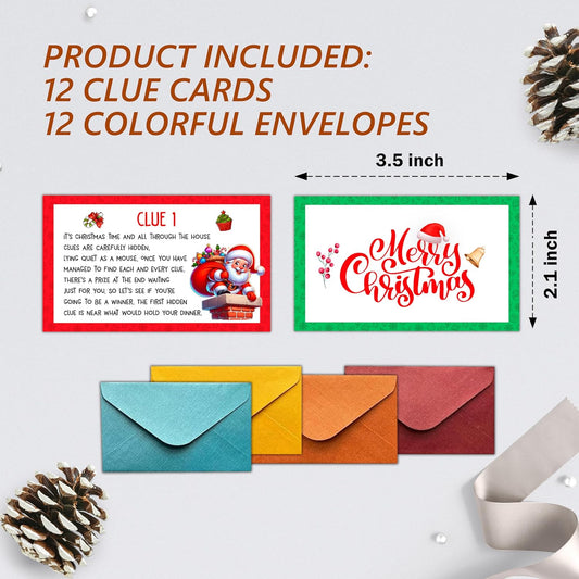 Christmas Scavenger Hunt Clues Card, Outdoor Indoor Family Treasure Riddle Hunt Games, Christmas Eve Party Supplies Decoration, Set of 12 Cards with Colourful Envelopes -Chris001