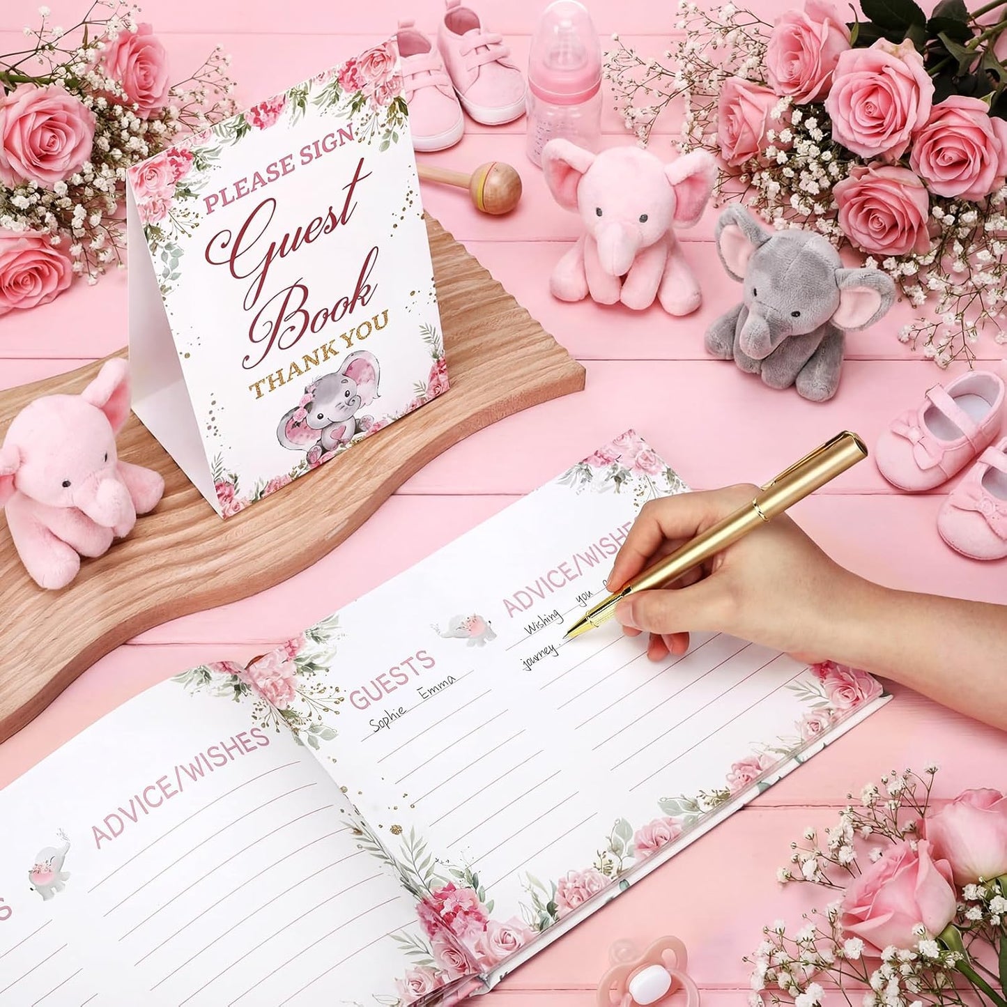 Fuyoooo 27 Pcs Safari Animal Baby Shower Guest Book Set Baby Shower Sign in Guest Floral Book Place Table Cards with Gold Pen Adhesive Photo Corner for Birthday Party