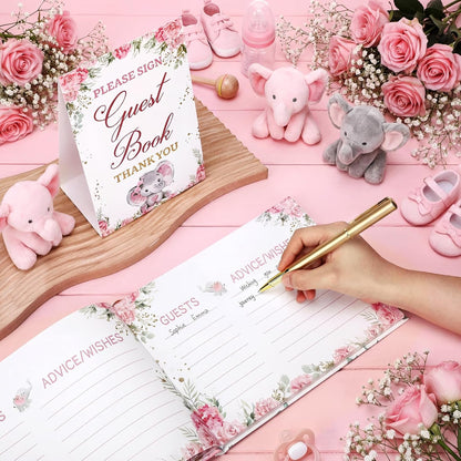 Fuyoooo 27 Pcs Safari Animal Baby Shower Guest Book Set Baby Shower Sign in Guest Floral Book Place Table Cards with Gold Pen Adhesive Photo Corner for Birthday Party