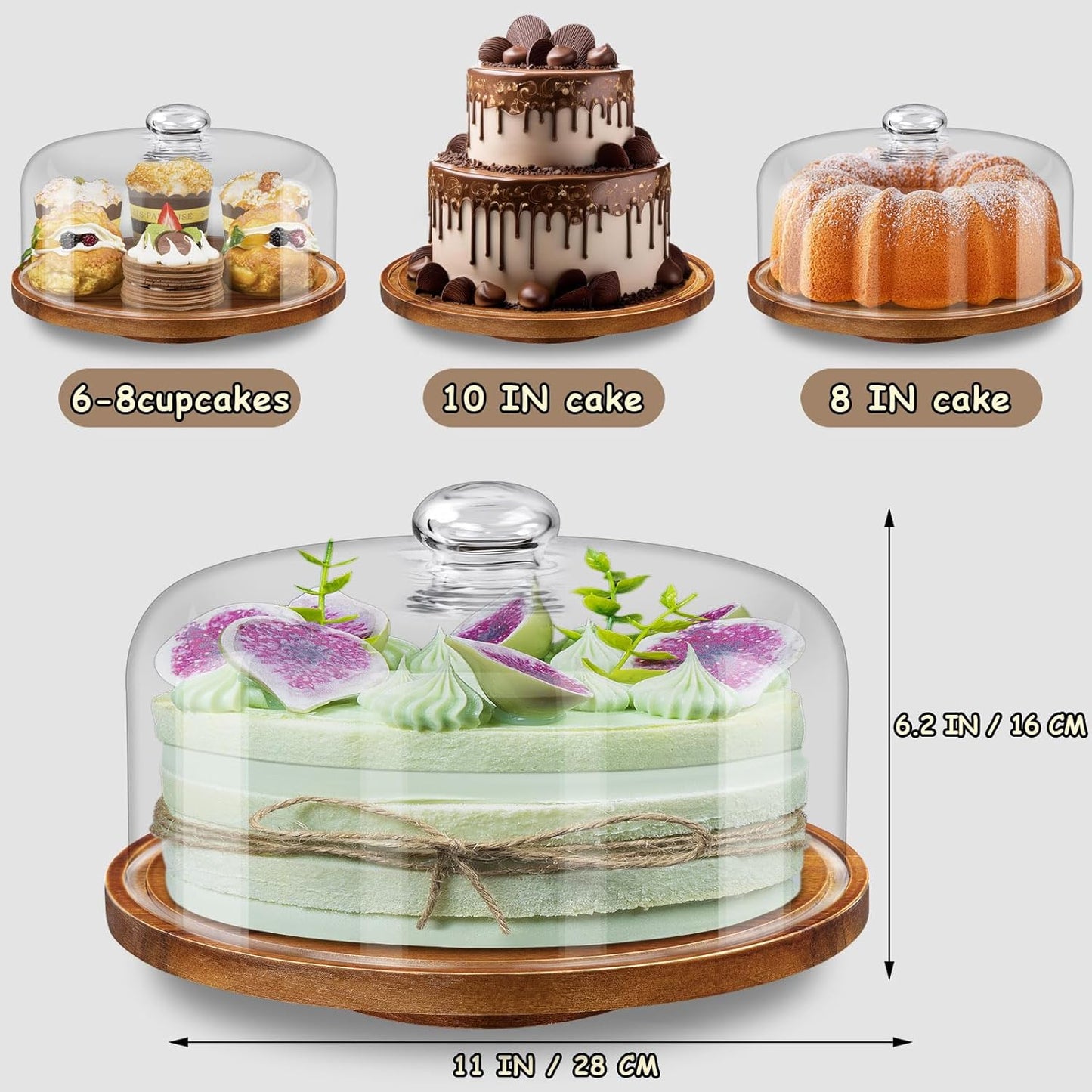 Yangbaga Glass Cake Stand with Lid,11in Wooden Rotating Cake Stand with Dome Cover, Cake Plate Display Server Tray for Birthday Kitchen Party
