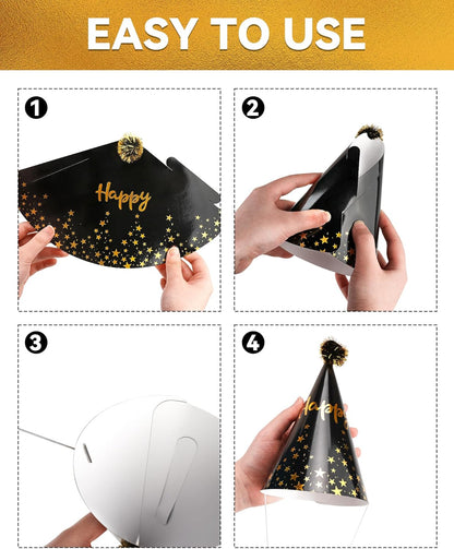 JOYEONDEF 30 Pcs Gold Birthday Party Hats Cone Hats Includes 8 Birthday Paper Hats and 22 Noise Makers