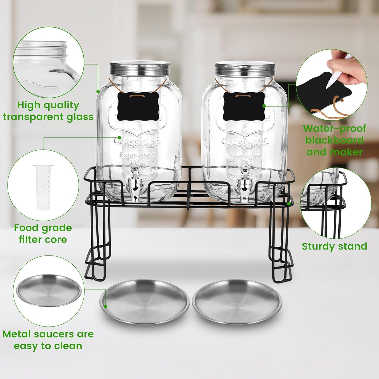 2 Pack1 Gallon Glass Drink Dispensers For Parties .Beverage Dispenser,Glass Drink Dispenser With Stand And Spigot (Plastic Spigot)