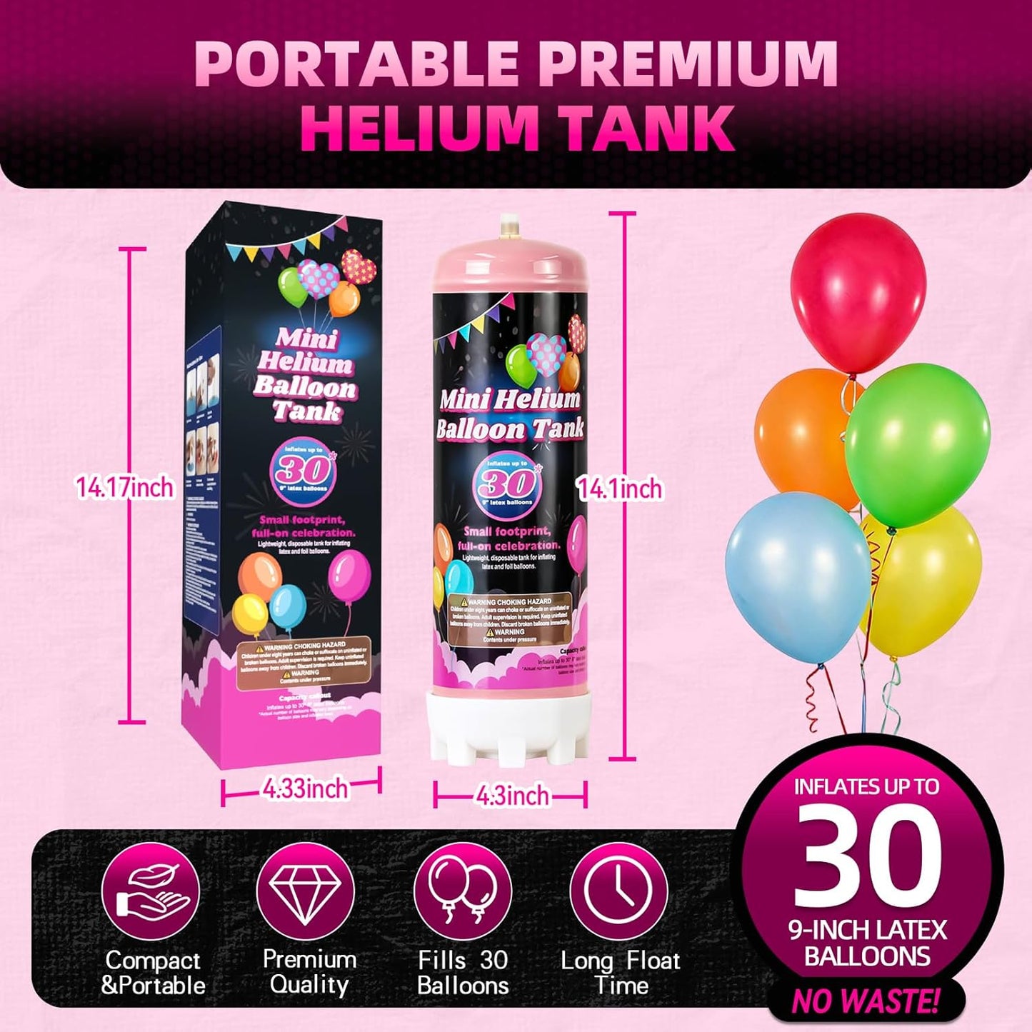 Portable Mini Helium Tank for Balloons at Home - Fills Up To 30+ Latex Balloons, Compact Disposable Helium for Long Float Time for Party, Compact & Easy Storage