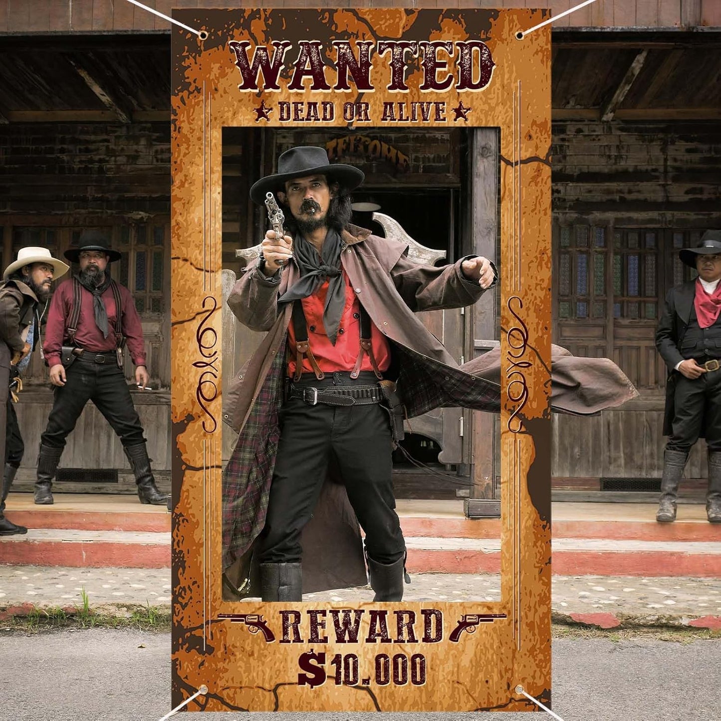 Large Western Wanted Poster Western Cowboy Party Decoration Wanted Photo Booth Frame Wild West Selfie Banner Backdrop for West Cowboy Birthday Party Retro Rustic Decoration Supplies (Brown)