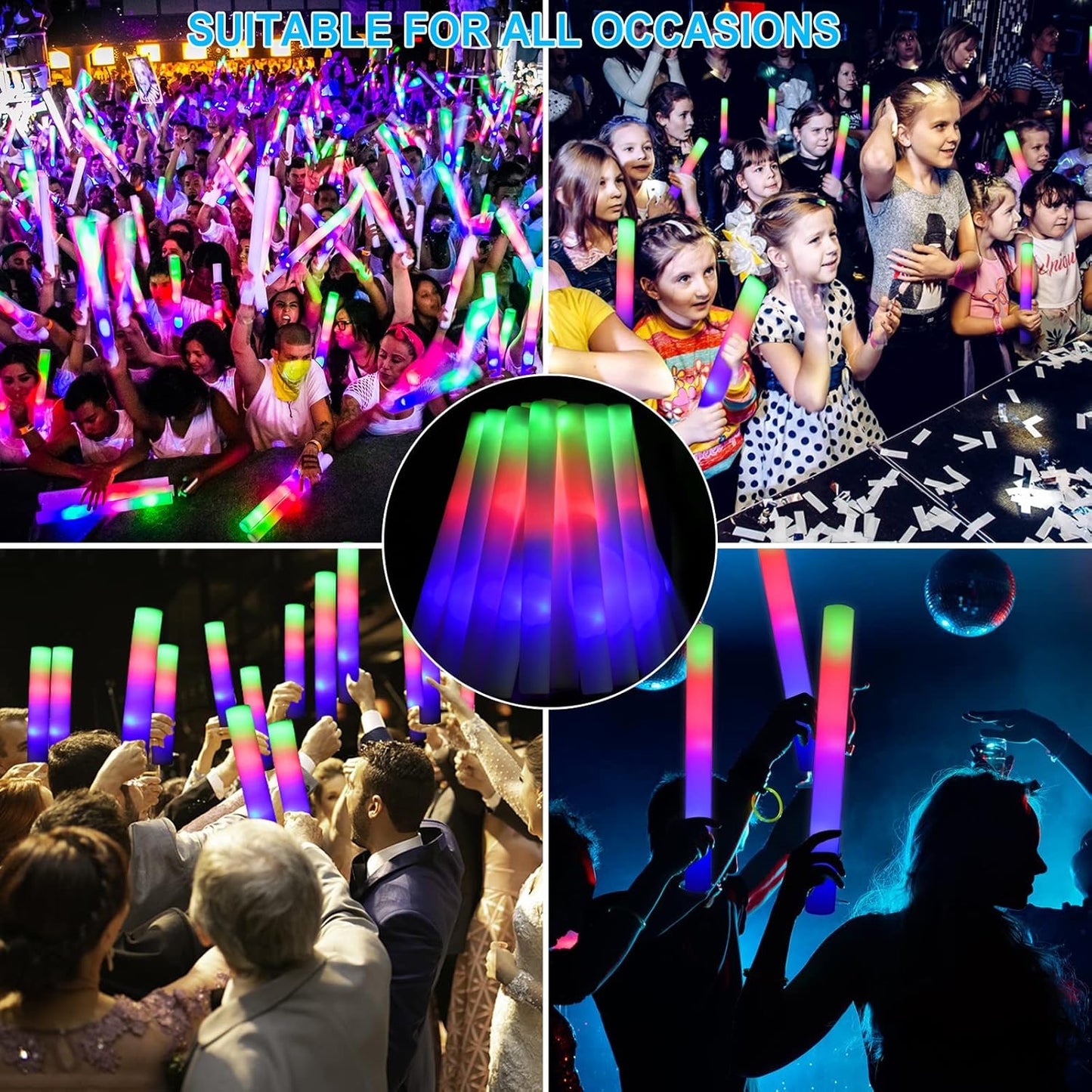 EXCECAR 45PCS Foam Glow Sticks, LED Light Up Foam Sticks with 3 Modes Flashing Changing, Glowing in The Dark for Event Party Wedding Halloween Christmas Concert Supplies