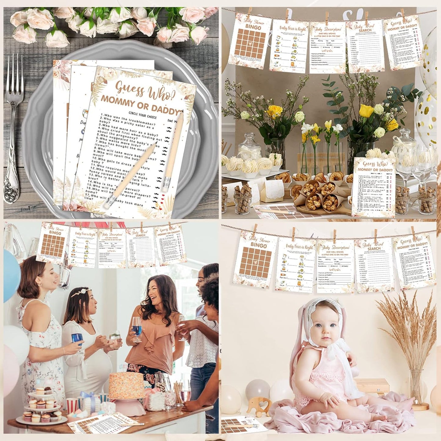 Yinder 145 Pcs Baby Shower Games Activities Cards with 20 Pencils Includes Baby Bingo Description and Wishes Guess Who Price is Right Word Scramble Game(Here Comes the Son)