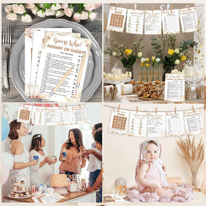 Yinder 145 Pcs Baby Shower Games Activities Cards with 20 Pencils Includes Baby Bingo Description and Wishes Guess Who Price is Right Word Scramble Game(Here Comes the Son)