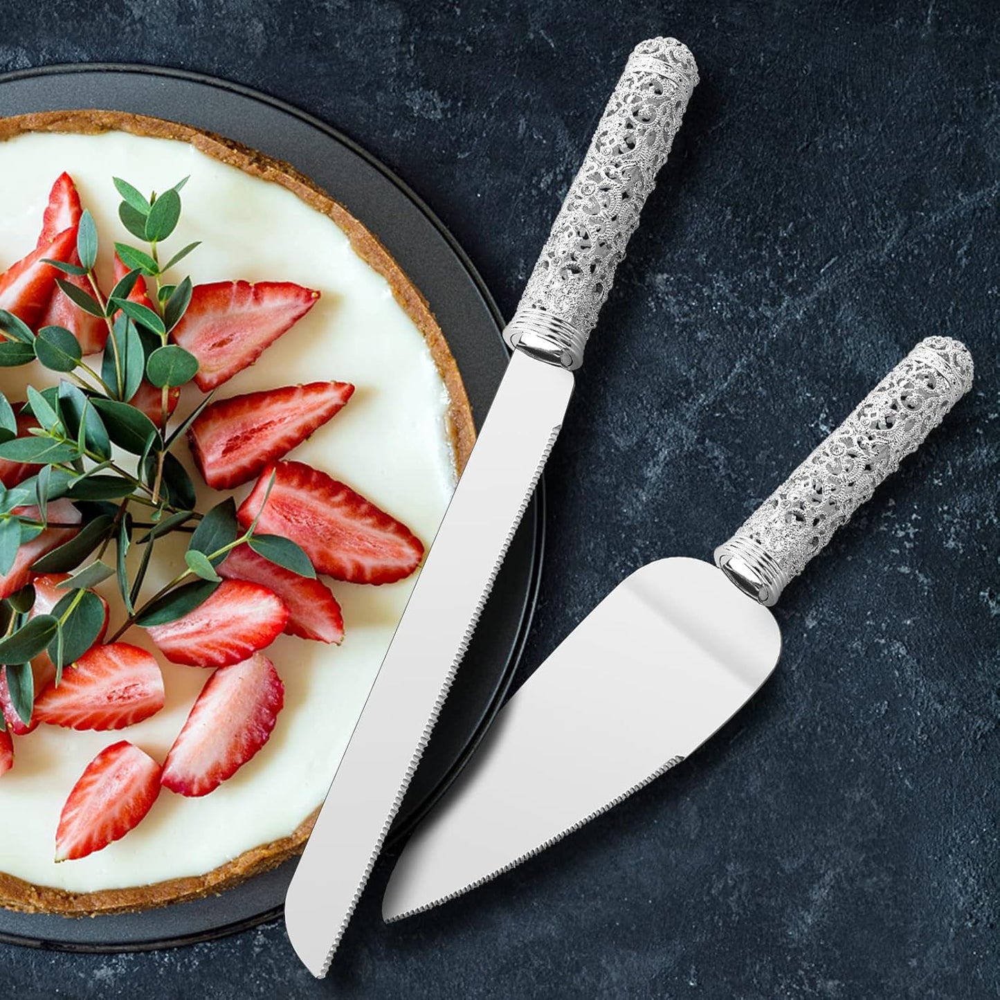 Gold Cake Knife and Server Set - 2 Piece Dessert Set Metal Handle with Crystal Stones Decoration for Wedding, Anniversary Party Birthday Banquets and Gifts for Bride and Groom