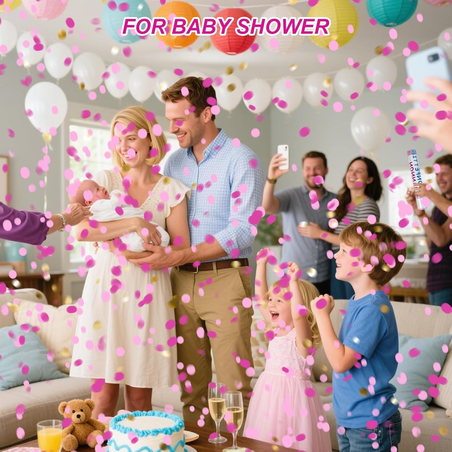 2 Pack Gender Reveal Confetti Cannon, 12 in Pink Square shaped Paper Party Poppers Cannons, Confetti Poppers For Baby Girl Gender Reveal Baby Showers (Square, Pink)