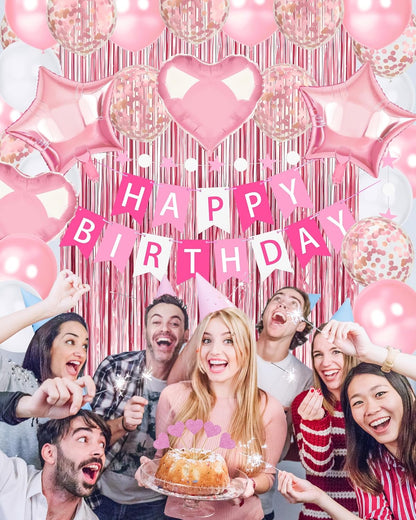 Lutoys Rose Gold Happy Birthday Party Decorations, Happy Birthday Banner, Rose Gold Foil Heart Star Confetti Balloons Curtain Backdrop Hanging Swirls Party Decor for Girls Women Princess