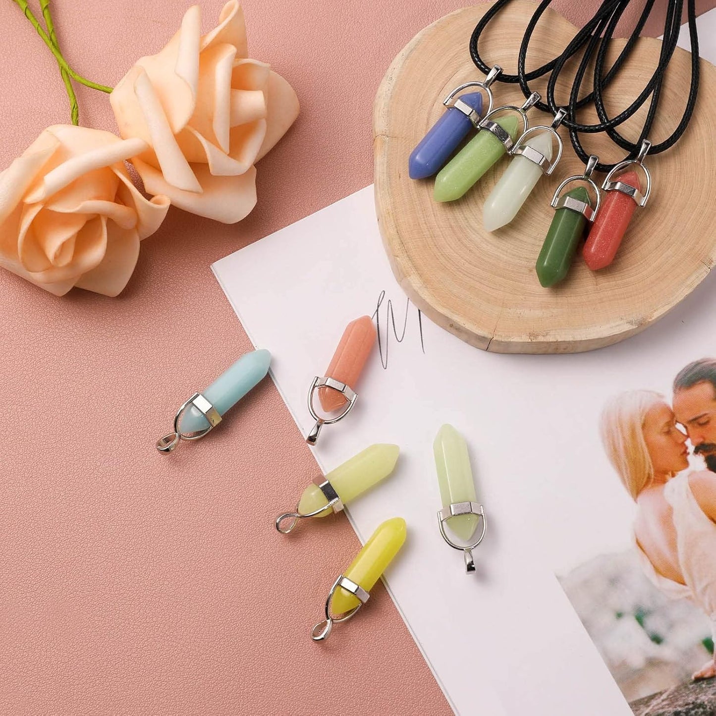 TXIN Glow in the Dark Crystal Pendant Necklaces, Luminous Natural Quartz Stone, Fluorescent Hexagonal Stone, Glowing Moonstone with Black Leather Chain, 10 Colors