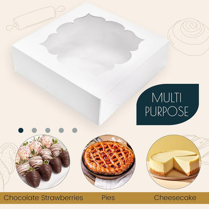 NPLUX 30 Pack Pie Boxes with Window 10x10x3 in Bakery Boxes Perfect for Pies, Cheesecake, Cookies, Muffins and Chocolate Covered Strawberries (White)