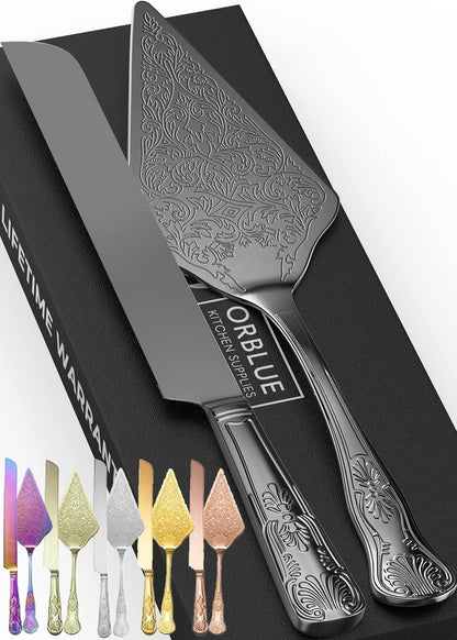 Orblue Wedding Cake Knife and Server Set - Premium, Beautifully Engraved Cutting Set - Elegant Keepsake for Newlyweds - Light Gold