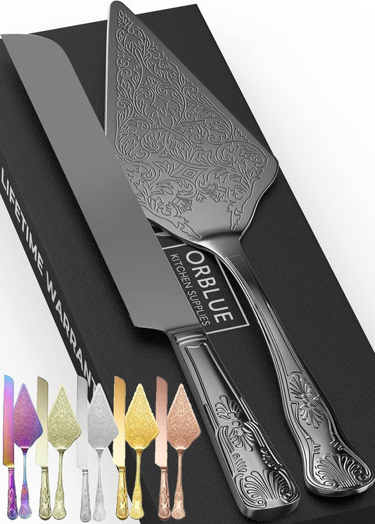 Orblue Wedding Cake Knife and Server Set - Premium, Beautifully Engraved Cutting Set - Elegant Keepsake for Newlyweds - Light Gold