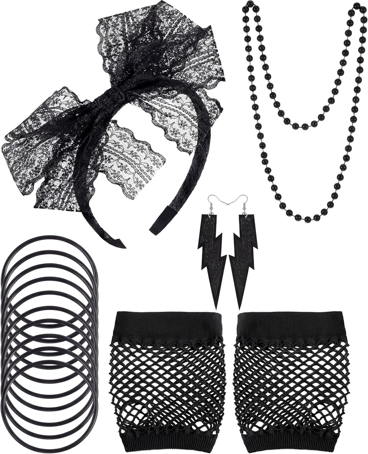 Blulu 80s Accessories Women Lace Headband Earrings Fishnet Gloves Necklace Bracelet for 80s Retro Party Halloween