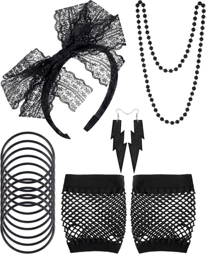 Blulu 80s Accessories Women Lace Headband Earrings Fishnet Gloves Necklace Bracelet for 80s Retro Party Halloween