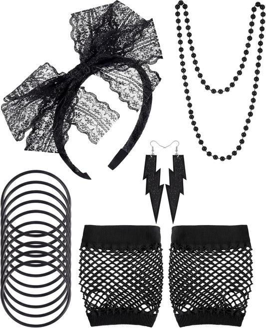 Blulu 80s Accessories Women Lace Headband Earrings Fishnet Gloves Necklace Bracelet for 80s Retro Party Halloween