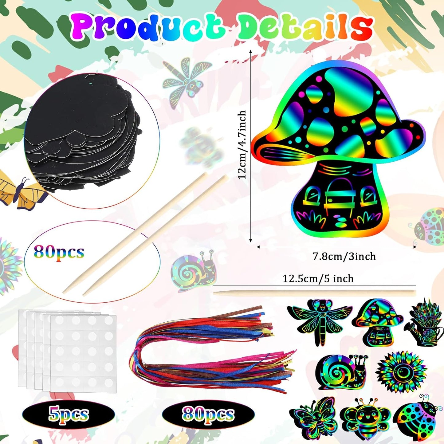 HyDren 80 Pcs Spring Scratch Cards Rainbow Flower Butterfly Scratch Paper Tea Party Theme Flower Crafts with Bamboo Stylus and Ribbon for Adult Home DIY Craft(Classic Style)