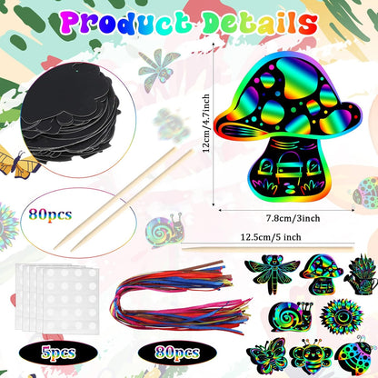 HyDren 80 Pcs Spring Scratch Cards Rainbow Flower Butterfly Scratch Paper Tea Party Theme Flower Crafts with Bamboo Stylus and Ribbon for Adult Home DIY Craft(Classic Style)