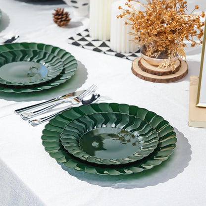 Lullaby 60PCS Ivory Scalloped Plastic Plates with Gold Rim, Disposable Elegant Plates Include 30pcs Dinner Plate 10.25", 30pcs Plastic Dessert Plate 7.5", Perfect for Wedding and Party