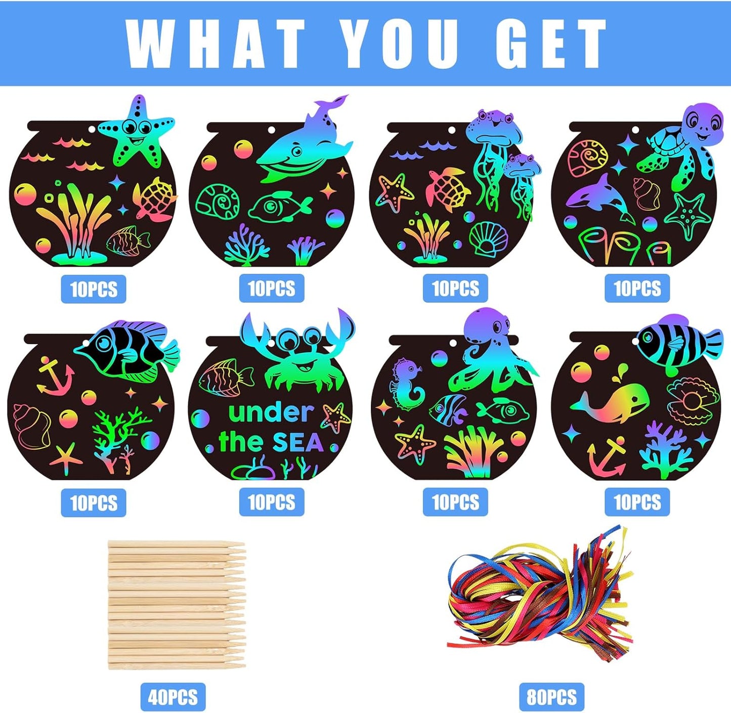 FYSUIMU 80Pcs Ocean Animals Scratch Art Crafts Rainbow Magic Scratch Off Card Kit DIY Under The Sea Bookmarks with 80Pcs Ribbons and 40Pcs Wooden Styluses for Summer School Activity Party Games
