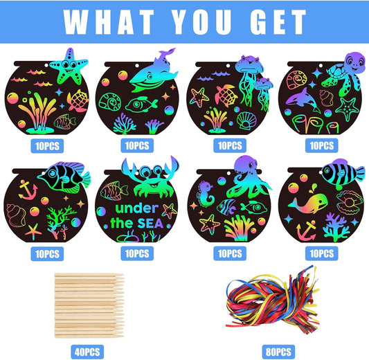 FYSUIMU 80Pcs Ocean Animals Scratch Art Crafts Rainbow Magic Scratch Off Card Kit DIY Under The Sea Bookmarks with 80Pcs Ribbons and 40Pcs Wooden Styluses for Summer School Activity Party Games