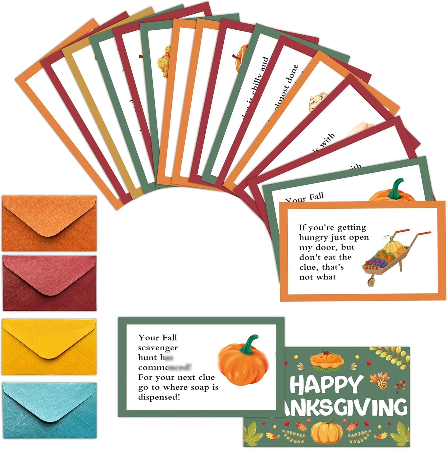 Thanksgiving Scavenger Hunt Clue Cards, Fall Thanksgiving Scavenger Hunt Games for Adults, Autumn Pumpkin Holiday Birthday Party Supplies Activities Outdoor Indoor(18 Cards with Envelopes), 09