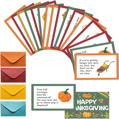 Thanksgiving Scavenger Hunt Clue Cards, Fall Thanksgiving Scavenger Hunt Games for Adults, Autumn Pumpkin Holiday Birthday Party Supplies Activities Outdoor Indoor(18 Cards with Envelopes), 09