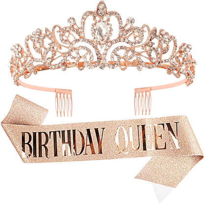 Happy Birthday Queen Tiara Crowns for Women, Red Sash, Party Favors Supplies Gift, 30th Decorations, Stuff Accessories