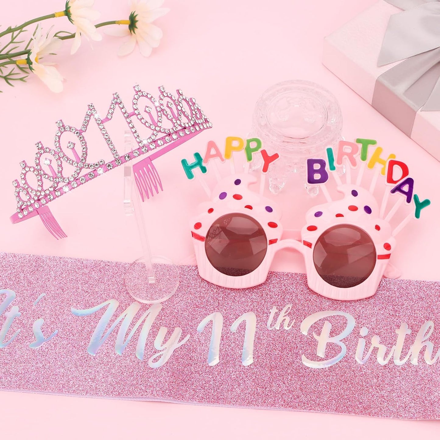 YARIEW 3rd Birthday Decorations, 3rd Glitter Purple Sash and Crown Kit with Happy Birthday Sunglasses, Tiara Princess Crown and Sash Party Outfit Accessory