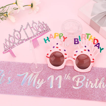 YARIEW 3rd Birthday Decorations, 3rd Glitter Purple Sash and Crown Kit with Happy Birthday Sunglasses, Tiara Princess Crown and Sash Party Outfit Accessory