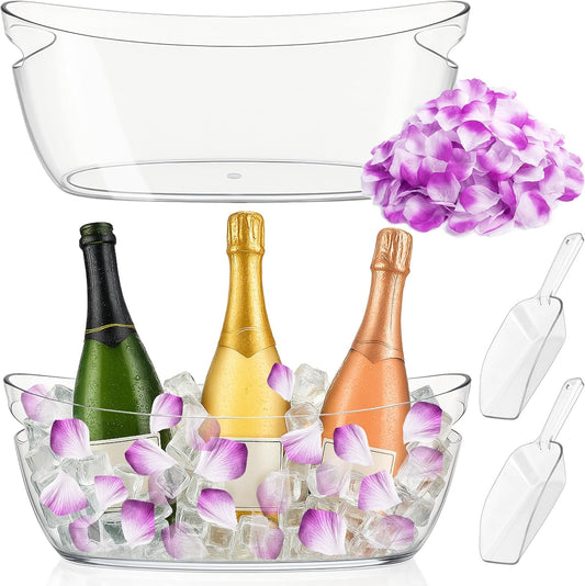 Ice Buckets for Parties Set of 2 – 5L Clear Beverage Tub with Ice Scoop & Faux Petals, Large Drink Buckets for Wine, Champagne, Beer, and Events