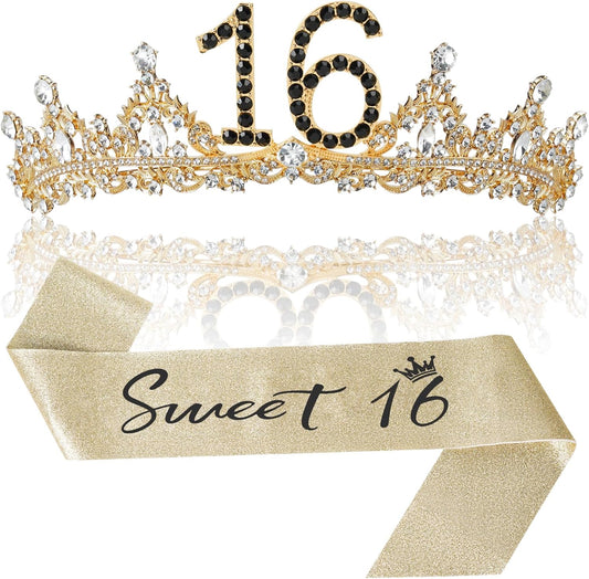 Uiorgui 30th Birthday Crown and Sash for Her, 30 Tiara Headband, Black Gold 30th Birthday Decorations for Women 30 Year Old Gifts Favors for Female Friends Daughter Sister Wife